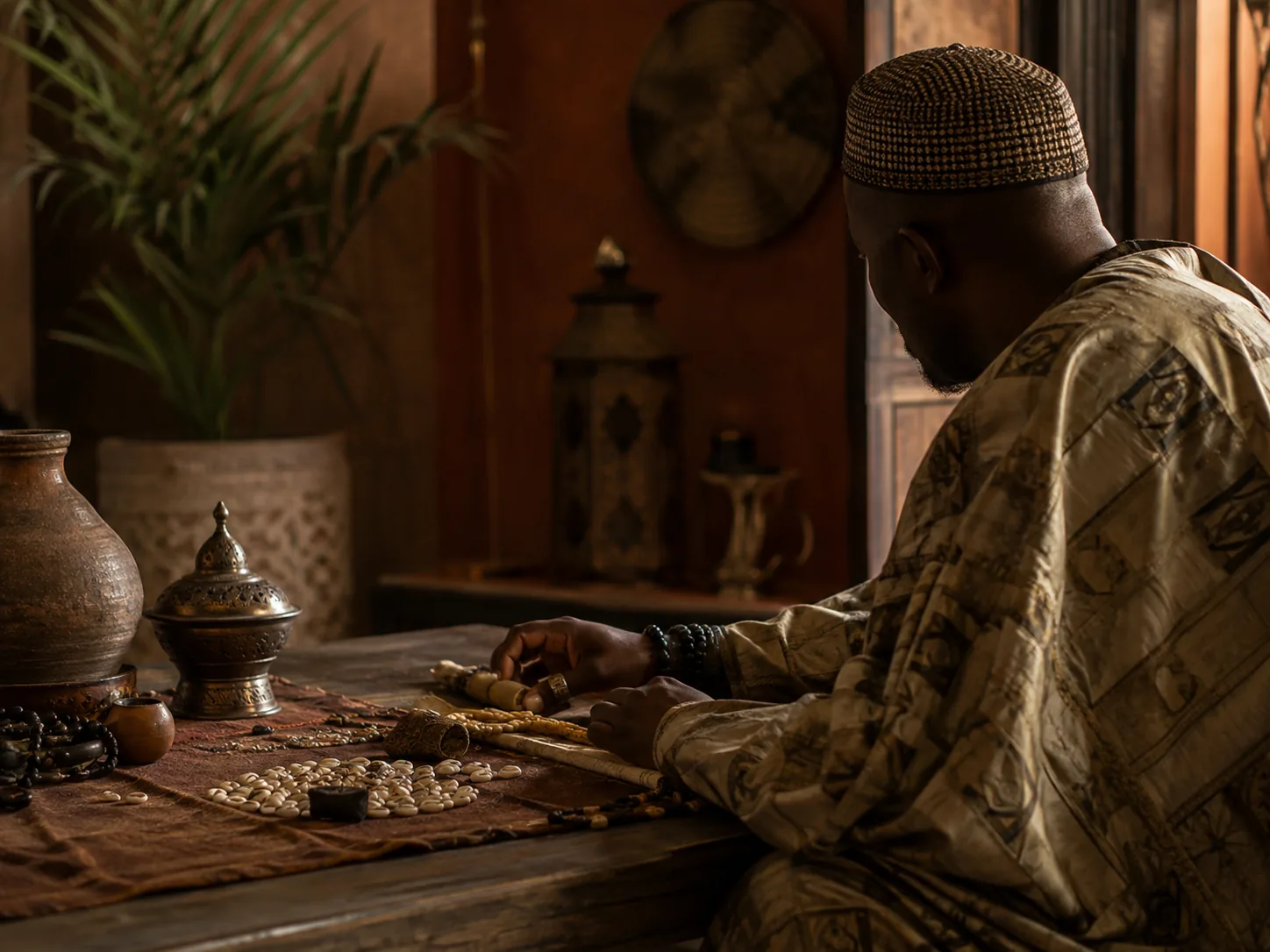 Un marabout consulte dans un intérieur chaleureux, entouré d’objets de la tradition